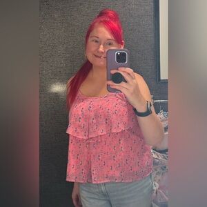 Ruffle Front Tank Top XL Flowy Urban Western Pink Geometric Print Cami Sexy G21